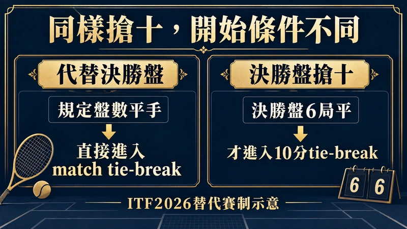 ITF2026搶十替代賽制比較:盤數平手直接match tie-break代替決勝盤,與決勝盤6局平後的10分tie-break不同