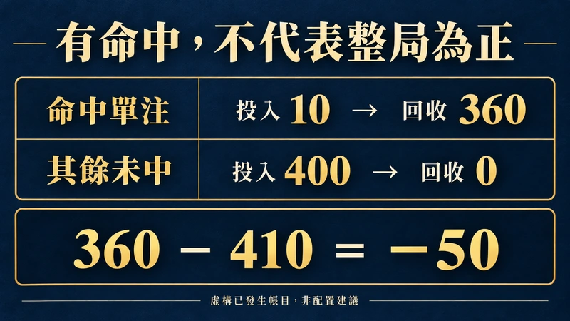 虛構已發生帳目：命中單注投入10回收360，其餘未中投入400回收0，整局360減410為負50