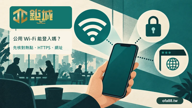 咖啡店情境中的手機、Wi-Fi、HTTPS 鎖頭與網址圖示，說明登入前分別核對熱點、連線及網域；左上為鉅城原始標誌。