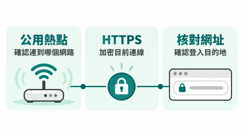 公用熱點、HTTPS 與登入網址分別檢查的三層關係圖