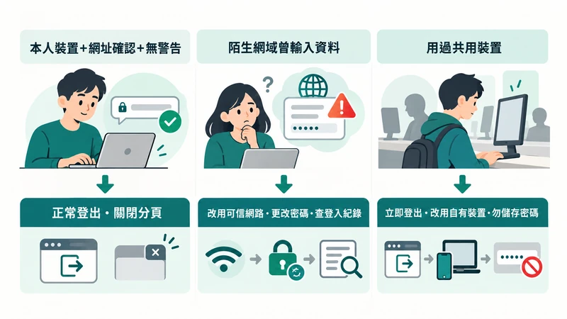 公用 Wi‑Fi 登入後依本人裝置、陌生網域與共用裝置分別處理的流程圖